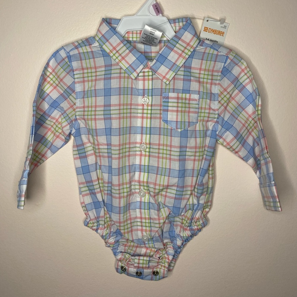 NWT Gymboree plaid button down shirt bodysuit for baby boys in size 3-6 months
